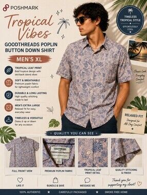 Goodthreads Poplin Tropical Print Button-Down Shirt XL NWT | Pink Blue Leaves